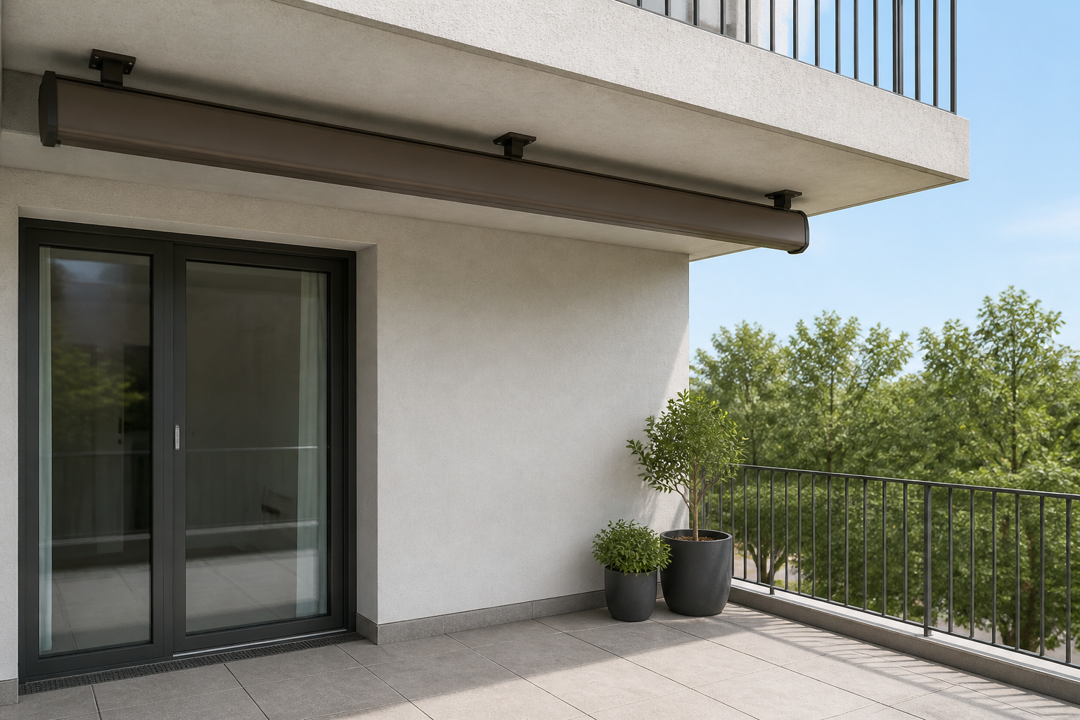 Illustrative Darstellung zum Ratgeberthema Markise für den Balkon: Platz, Befestigung und Nachbarschaft klären